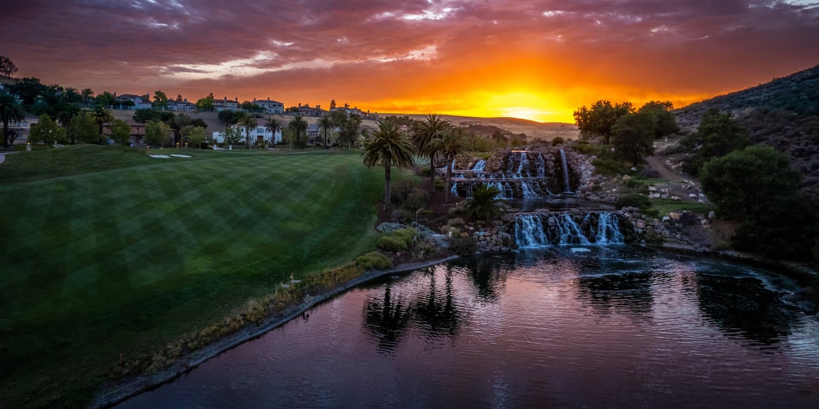 The waterfall and lake at the 18th hole of Silver Creek Valley Country Club in San Jose.