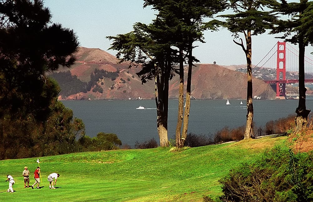 The Golden Gate Bridge seen from Lincoln Park Golf Course in San Francisco.