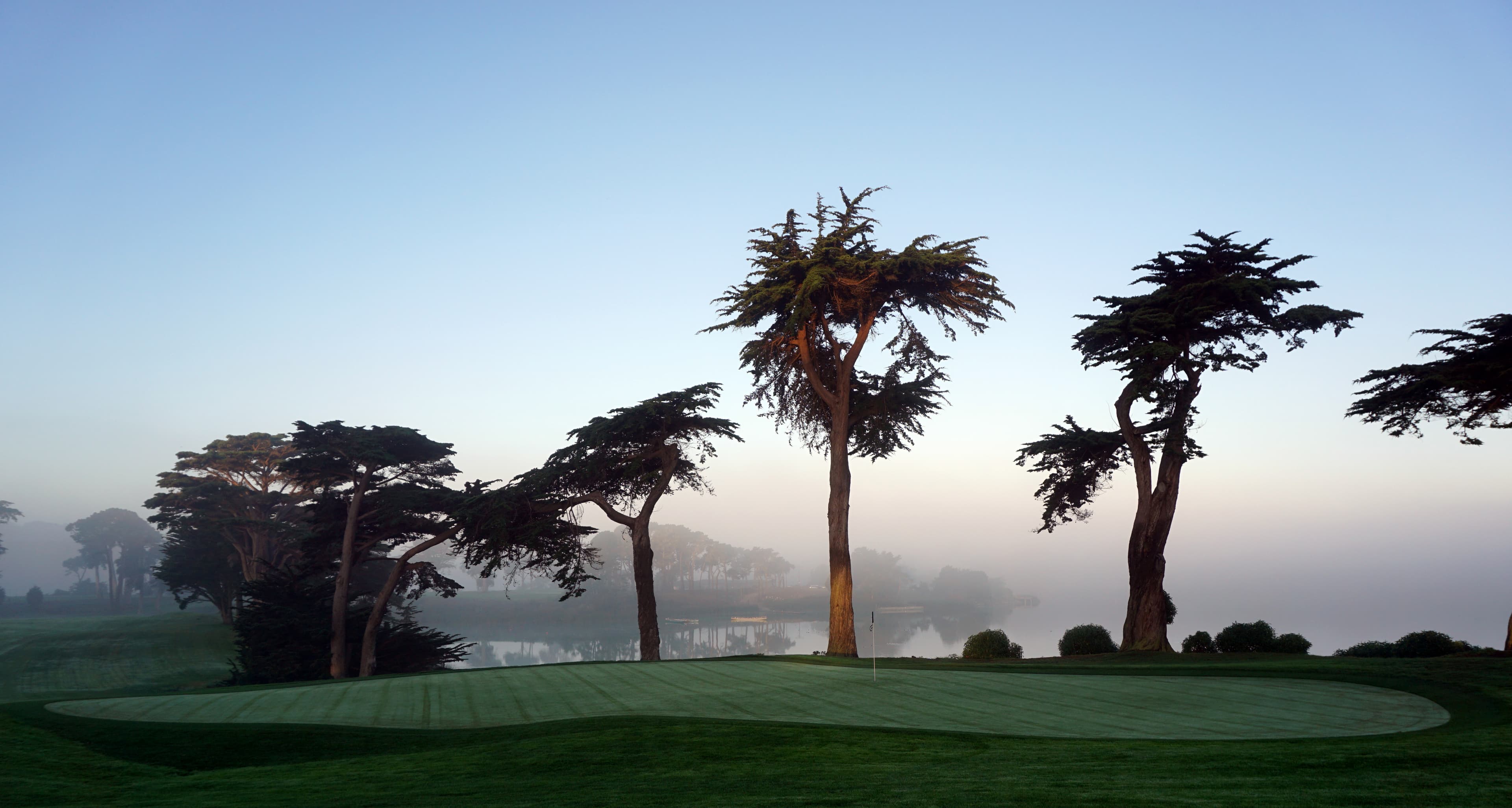 The 18th green at TPC Harding Park beside Lake Merced, San Francisco. Photo by Tinou Bao, CC BY 2.0 (Creative Commons Attribution 2.0 Generic), via Wikimedia Commons: https://commons.wikimedia.org/wiki/File:TPC_Harding_Park_-_18th_Green_(15332936118).jpg