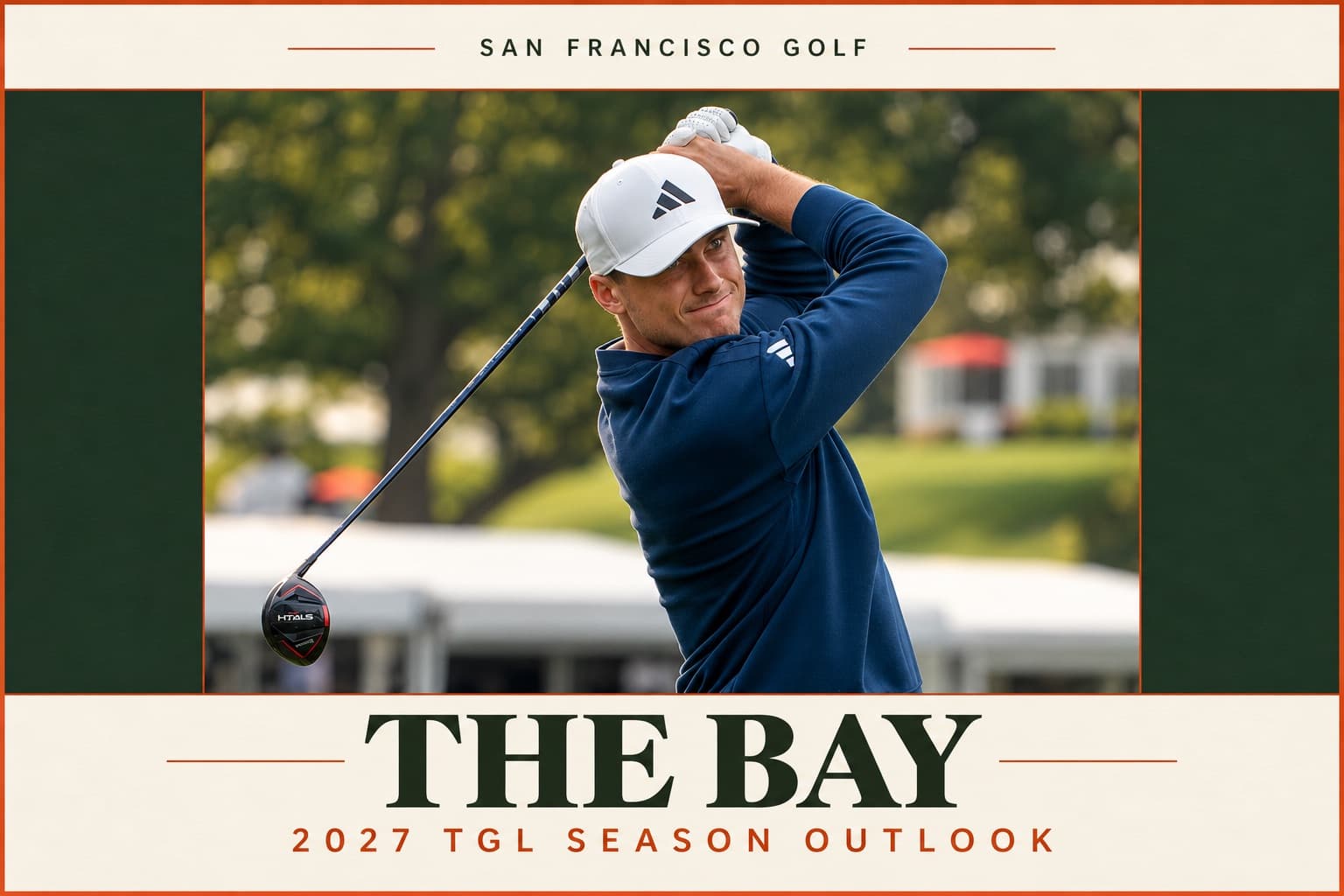 Editorial composite featuring Ludvig Åberg from a 2025 Travelers Championship photograph; not a TGL match.