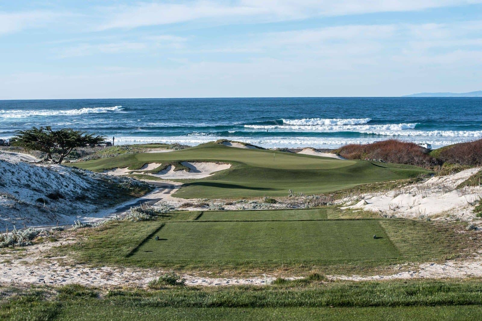 The Dunes Course at Monterey Peninsula Country Club, Pebble Beach, CA, showing the jagged sandscape bunkering from the 2016 Jackson/Kahn (Fazio Design) renovation. Photo by Gary Lisbon (golfphotos.com.au), via Top100GolfCourses.