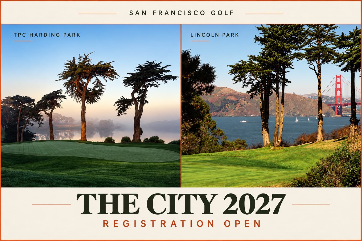 Branded 3:2 split composite of TPC Harding Park’s 18th green and Lincoln Park Golf Course with the Golden Gate Bridge.