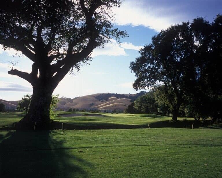 View of the 10th green, the signature par-5 hole, at Paradise Valley Golf Course, Fairfield, CA. Photo credit: Paradise Valley GC (via GolfPass).