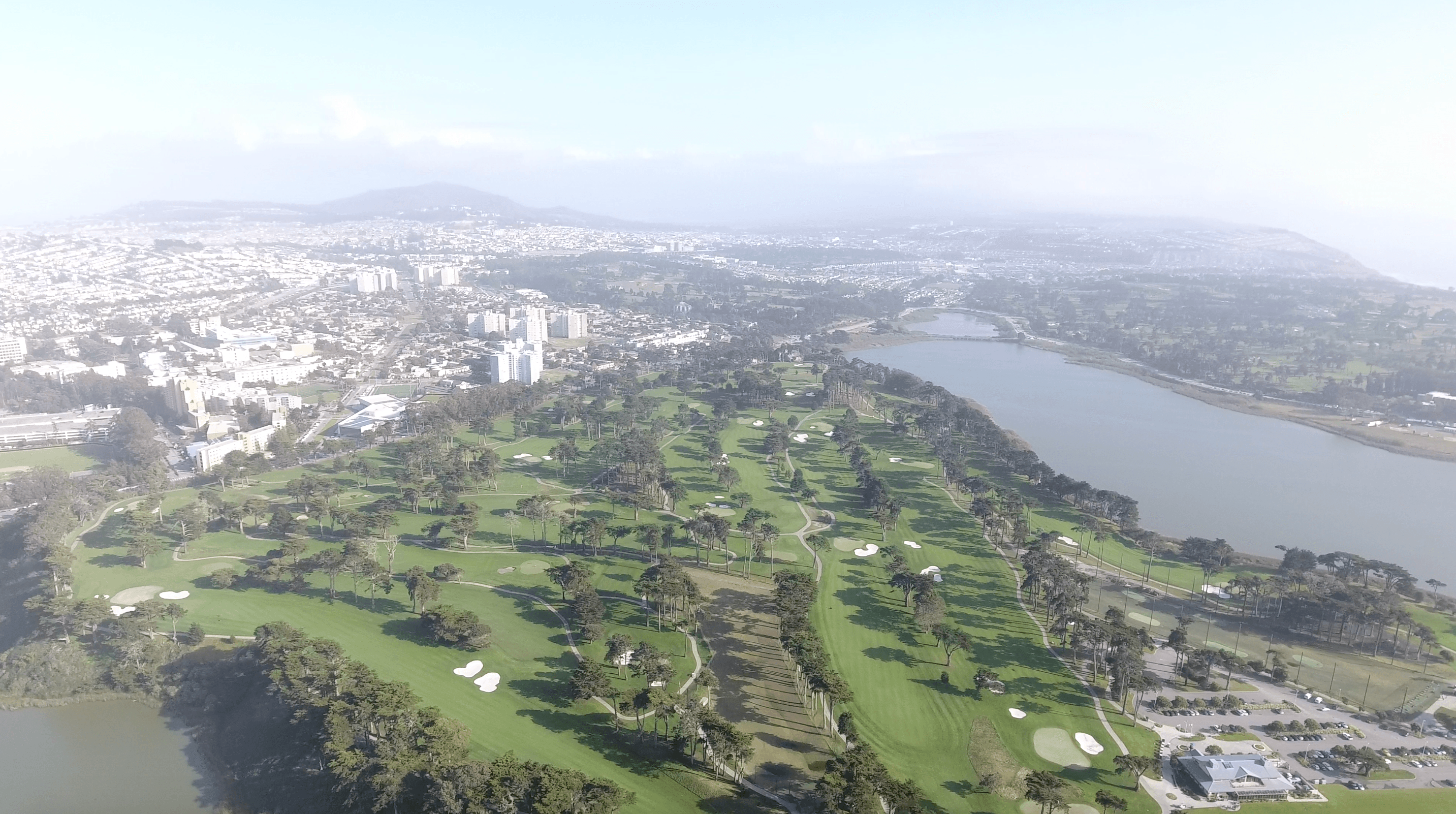 Aerial view of TPC Harding Park and Lake Merced, the course Sandy Tatum fought to restore.