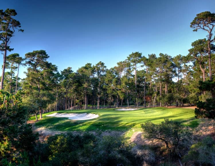 View from the tee on the 2nd hole at Poppy Hills Golf Course, showing the firm, fast fairways and native waste areas. Photo courtesy of Poppy Hills Golf Course / Northern California Golf Association (poppyhillsgolf.ncga.org).