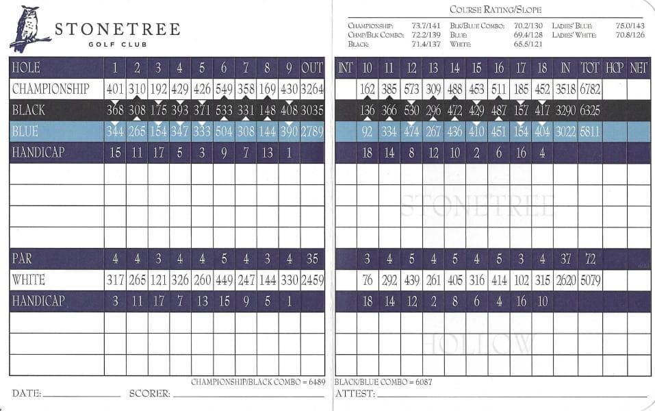 StoneTree Golf Club scorecard