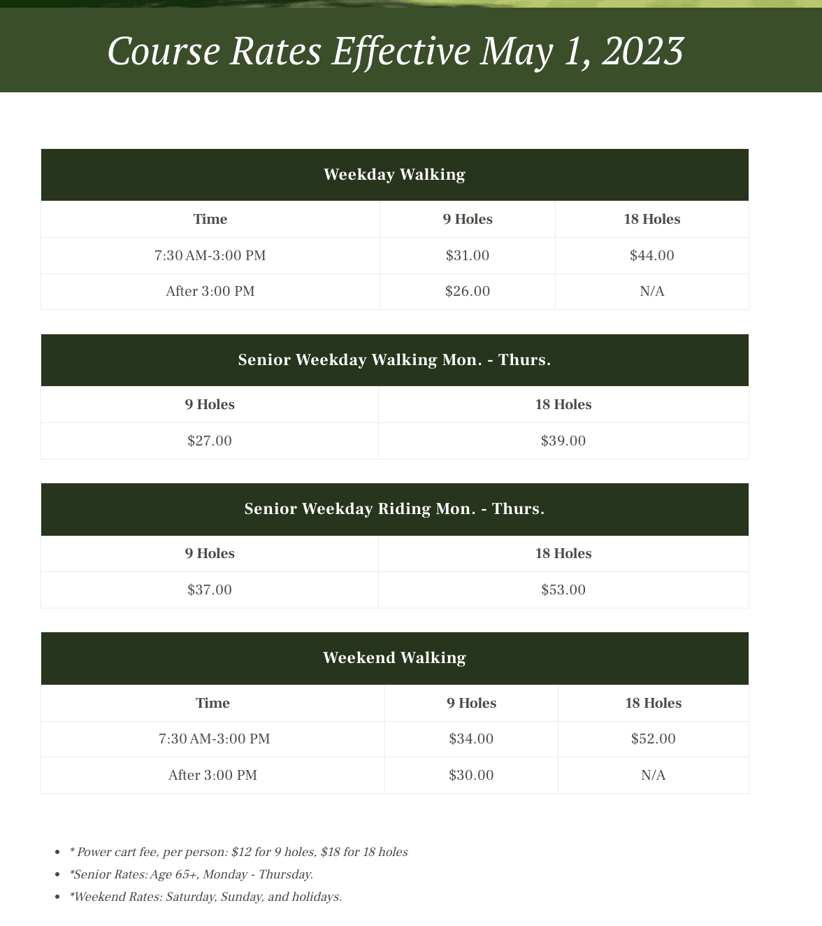 Northwood Golf Club published rates