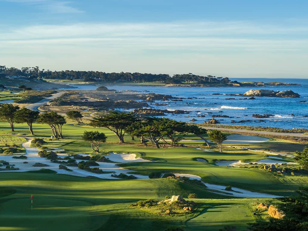 The par-3 11th, the Shore Course signature oceanfront hole at Monterey Peninsula Country Club, Pebble Beach, CA, at sunrise. Photograph by Evan Schiller (evanschillerphotography.com).